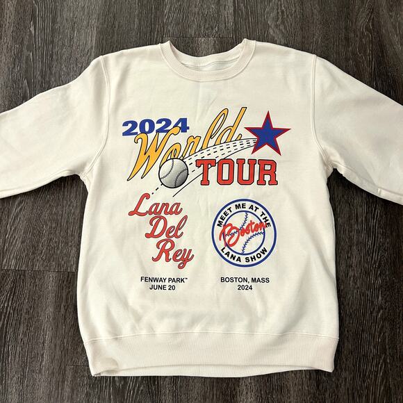 Lana Del Rey 2024 World Tour Sweatshirt Cream Graphic Pullover Fenway Boston EUC - Picture 1 of 9
